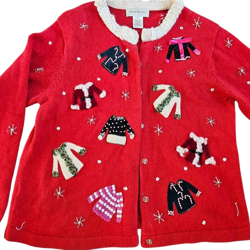2001 Vintage Susan Bristol Hand Embroidered Ugly Christmas Sweater Cardigan‎ VTG